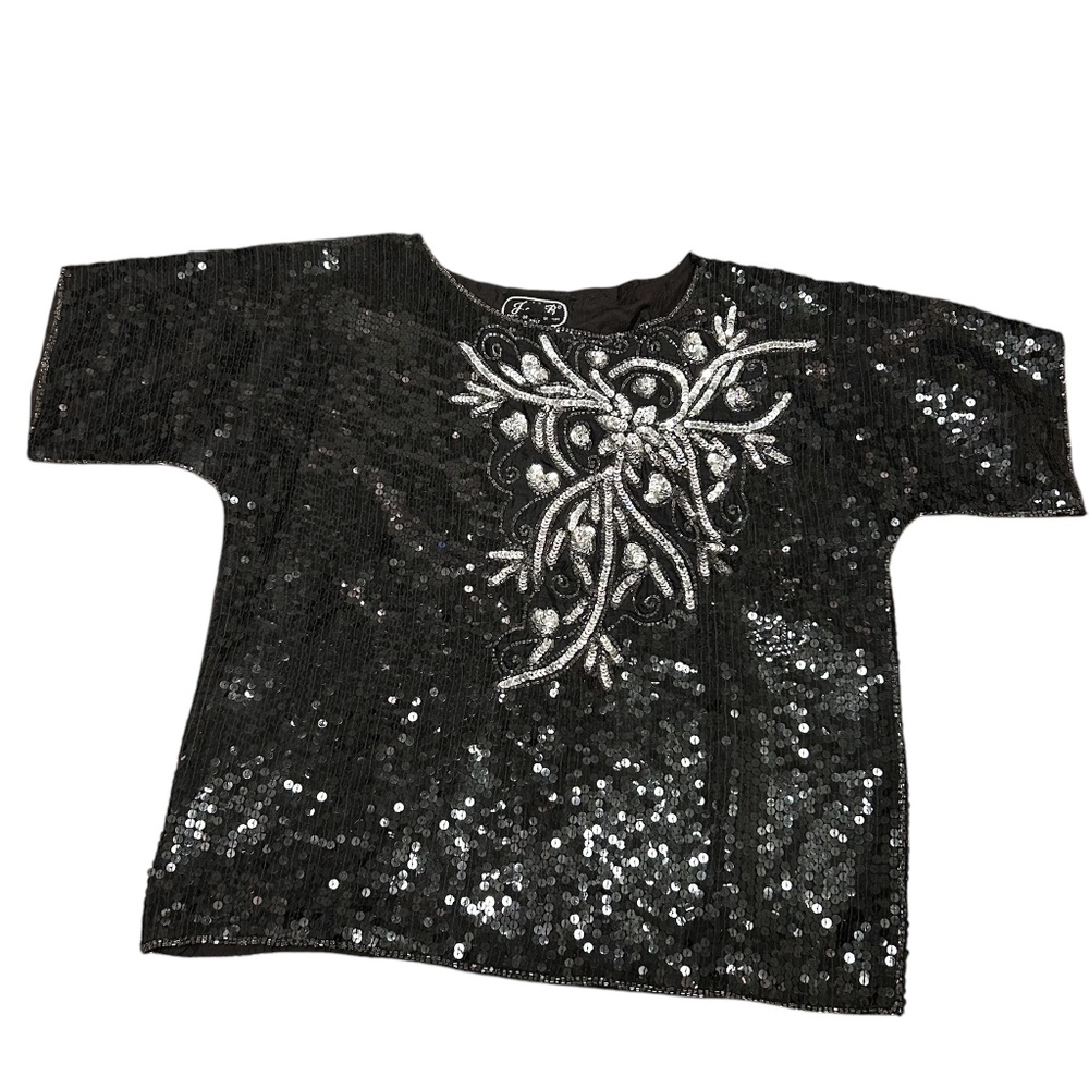Women's Vintage J.L.B. Black & Silver Sequin Top w/ 100% Silk Lining Size M.